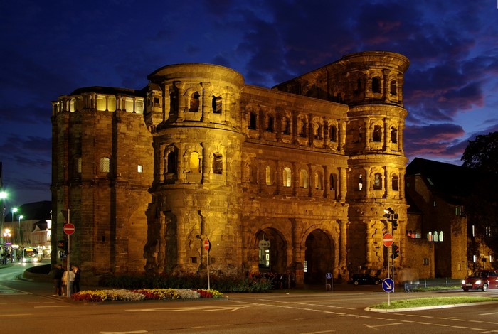 Porta Nigra gate in Trier, Germany at night