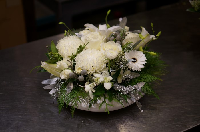 White Flowers Arrangement with Roses and Chrysanthemums