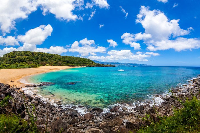 Hawaii Coastline with Beach and Sailboat