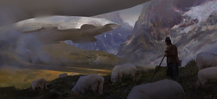 Spaceship flying over a pastoral landscape with sheep and mountains