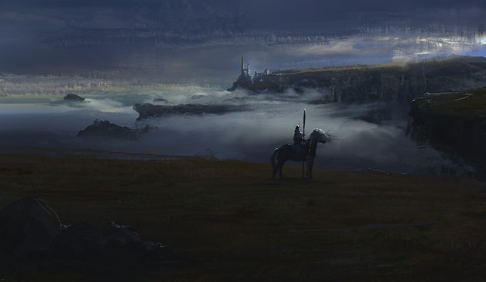 Knight on horseback overlooking a misty landscape with a castle