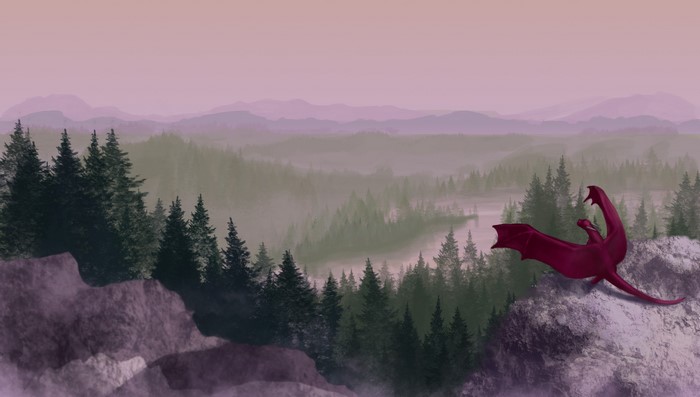 Red Dragon on a Rocky Outcrop Overlooking a Misty Forest