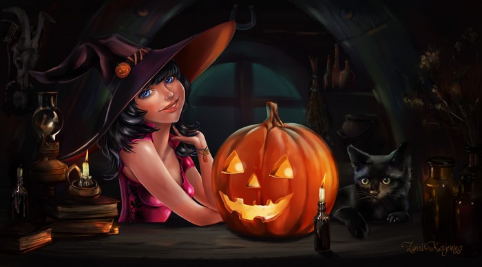 Halloween Witch with Pumpkin and Black Cat