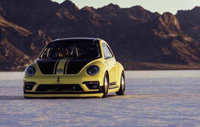Yellow 2016 Volkswagen Beetle LSR on salt flats