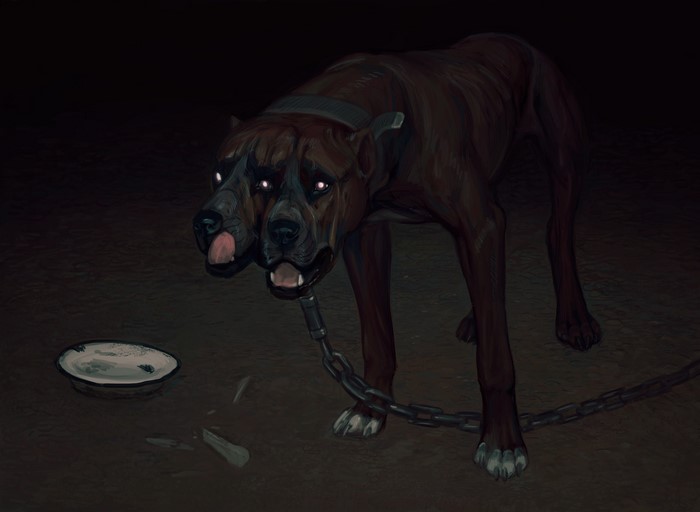 Two-headed dog on a chain with a bowl