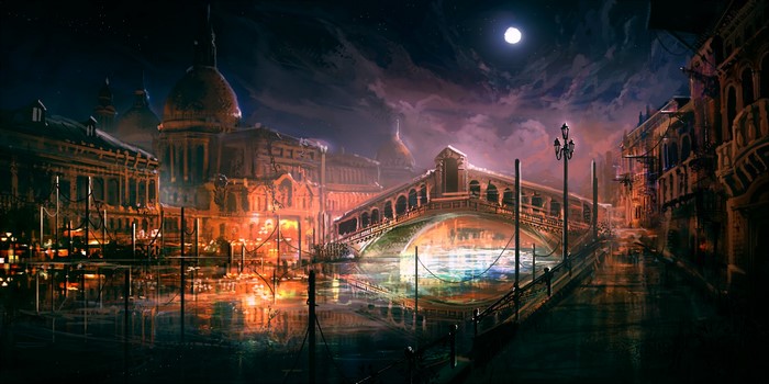 Venice at night with Rialto Bridge and canal