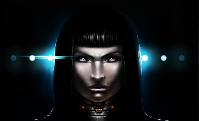 Brunette woman with glowing eyes and futuristic collar