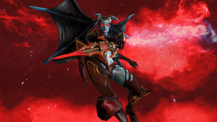 Queen of Pain from DOTA 2 firing a red energy blast