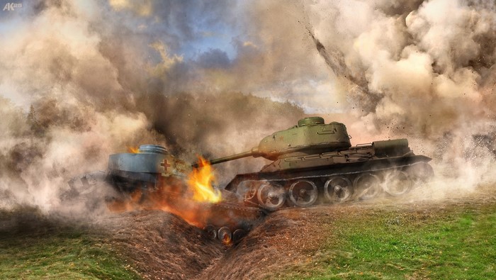 Tanks in battle with explosions and smoke