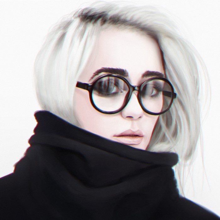 Painting of a blonde girl wearing glasses