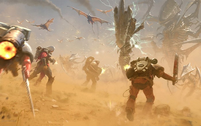 Warriors battling monsters in Warhammer 40000