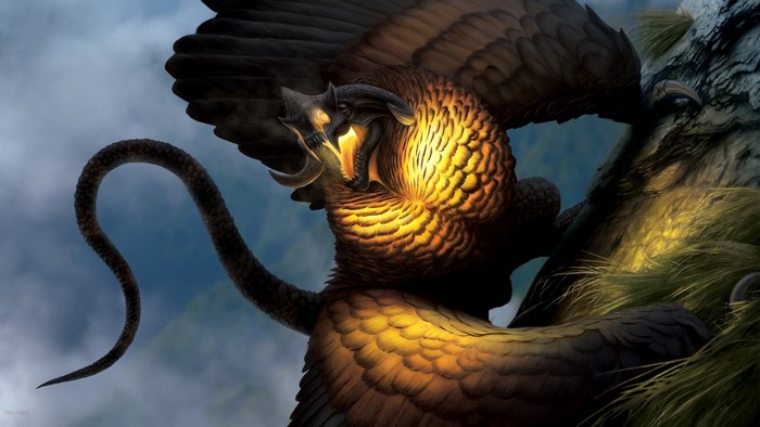 A fearsome griffin with glowing eyes perched on a rocky outcrop