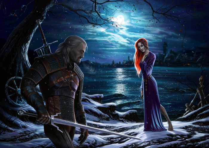 Geralt and Yennefer from The Witcher 3: Wild Hunt at night