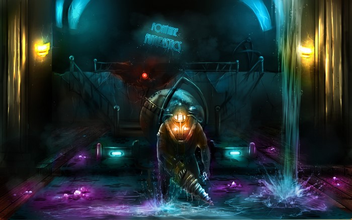 Big Daddy from BioShock in a flooded area