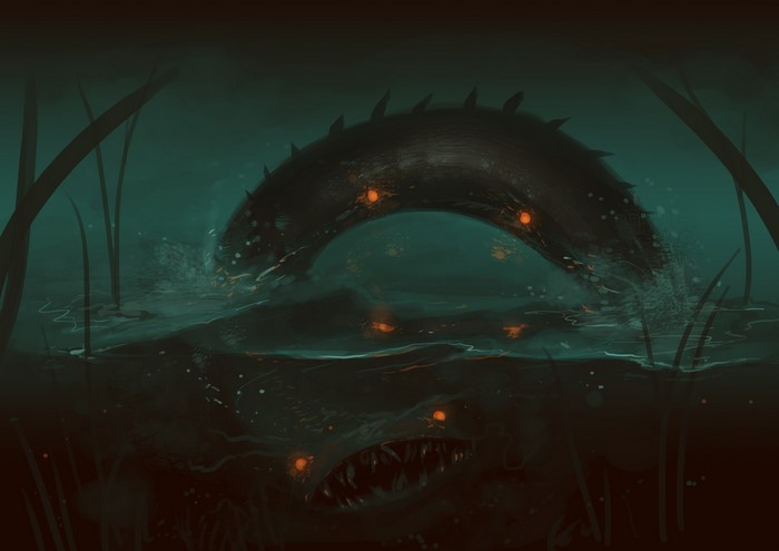 Monsters in dark water with glowing eyes