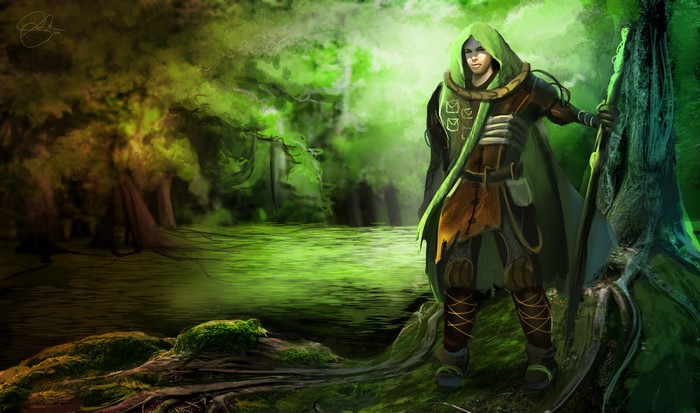 Warrior with Hooded Headgear and Mage Staff in Forest