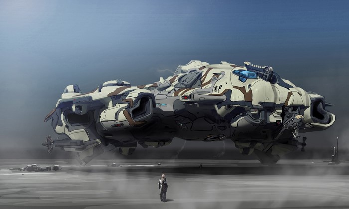 Camouflaged spaceship hovering over a desolate landscape