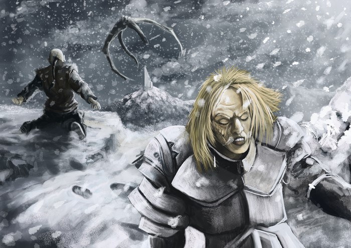 Warriors in a snowy landscape with a creature