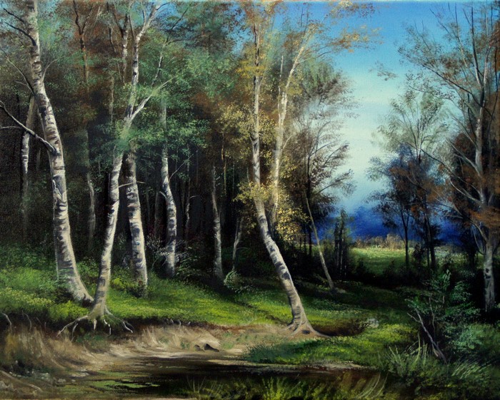 Painting of a forest with birch trees and a stream