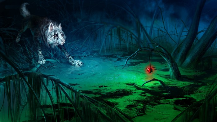 Wolf in a magical swamp with a glowing orb