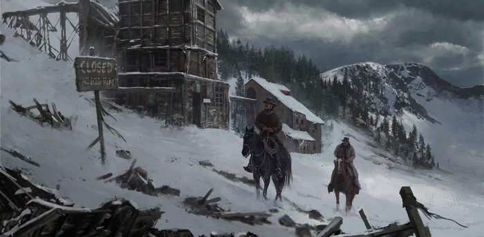 Two cowboys on horses in a snowy mining town