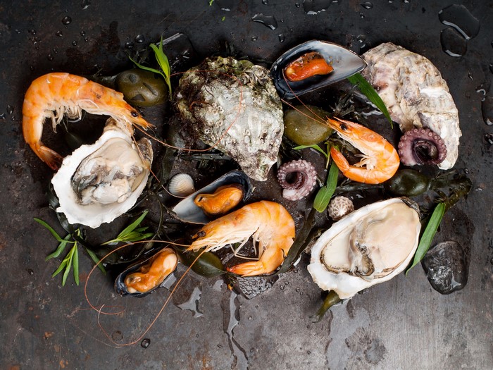 Seafood platter with shrimp, oysters, mussels, and octopus