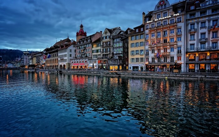 Lucerne Waterfront with Reuss River and Swiss Houses