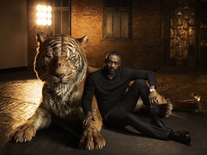 Idris Elba with a tiger from The Jungle Book 2016