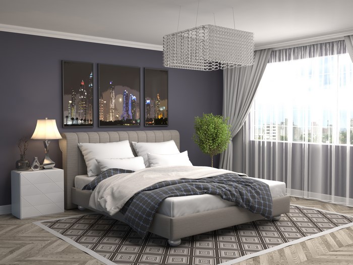 Modern Bedroom with Cityscape Art