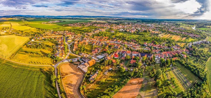 Aerial view of Uhersky Ostroh, Czech Republic with fields