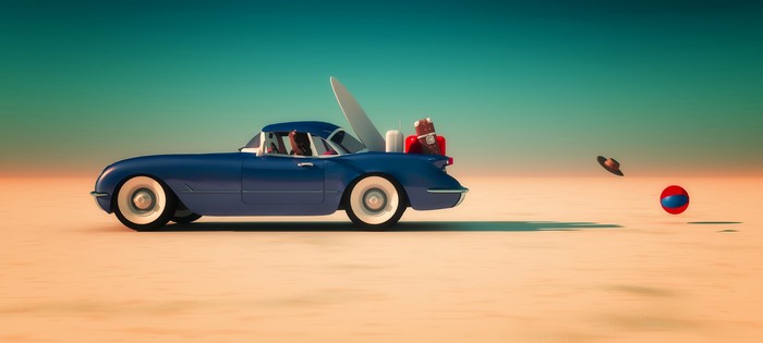 Blue convertible car with surfboard and luggage on a beach