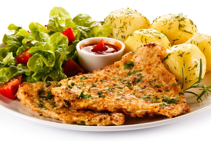 Fried Meat with Potatoes and Salad