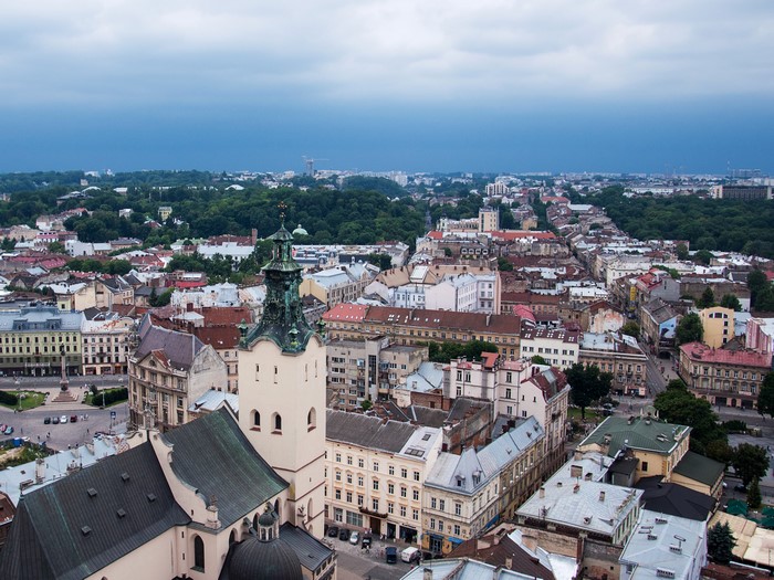 Aerial view of Lvov, Ukraine cityscape with church