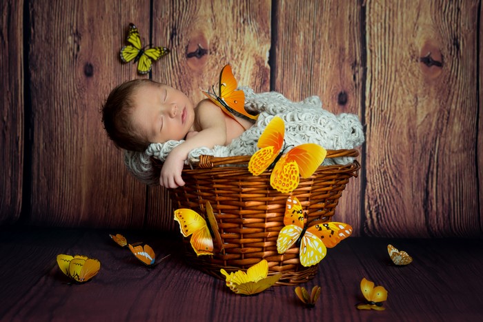 Newborn baby sleeping in a wicker basket with butterflies