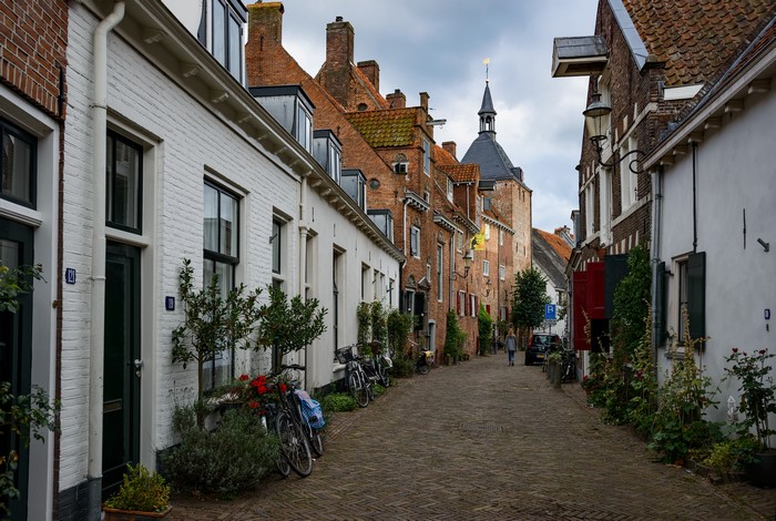 Street with houses and bicycles in Amersfoort, Netherlands