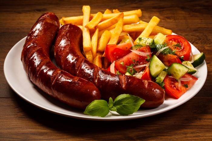 Sausages with French Fries and Salad