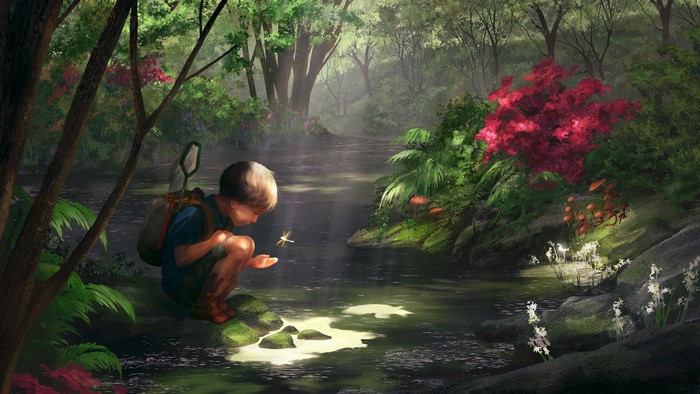Boy observing a dragonfly by a stream in a forest