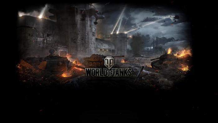 World of Tanks game art with burning tanks and a fortress