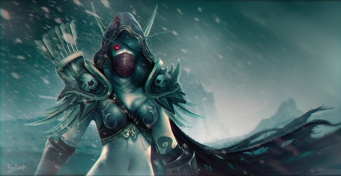 Sylvanas Windrunner from World of WarCraft in a snowy landscape