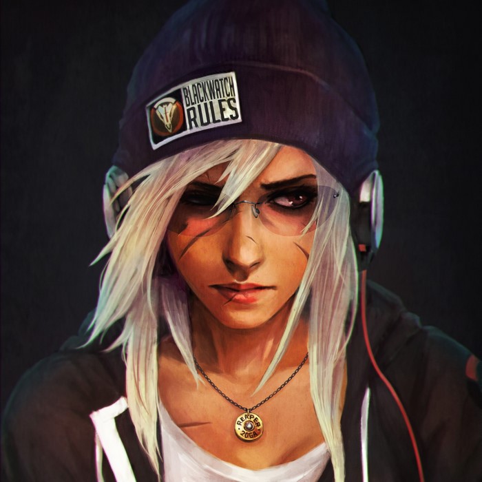 Reaper from Overwatch wearing headphones and a beanie