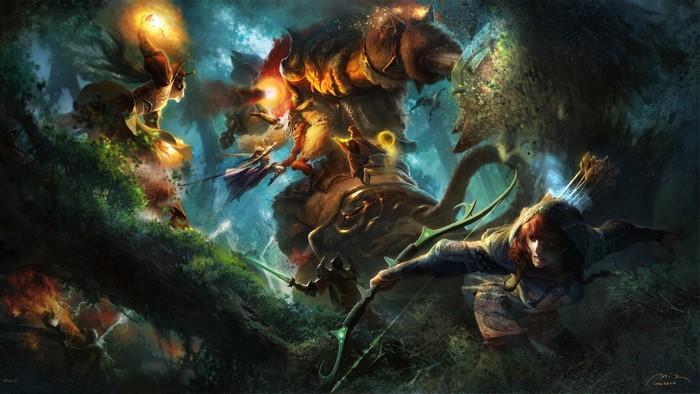 Warriors Battle a Giant Monster in a Forest