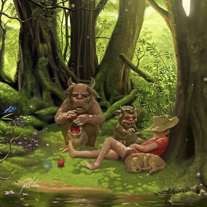 Two goblins and a boy with a dog in a forest