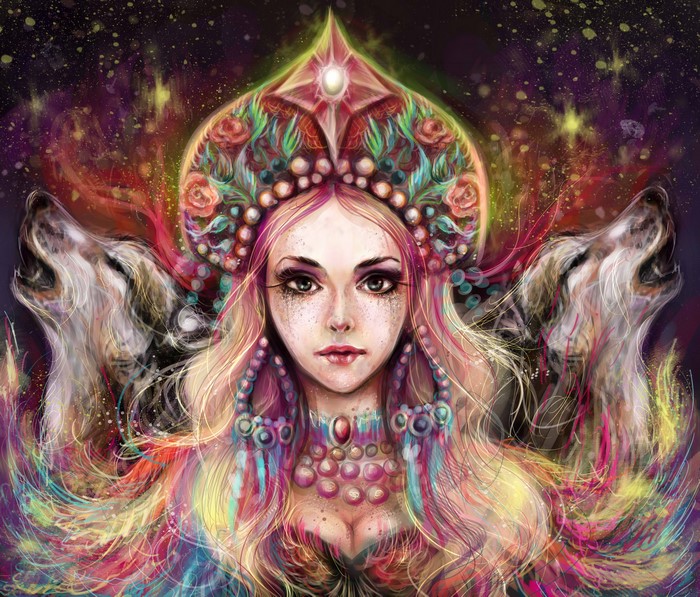 4K Blonde girl with wolves and colorful hair