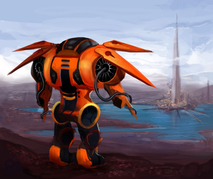 Orange Robot in Futuristic Cityscape