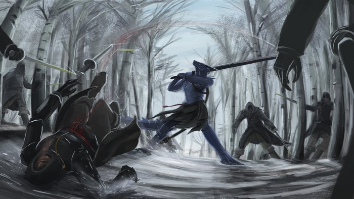 Warriors battling in a snowy forest