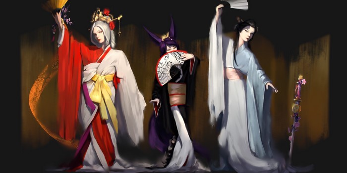 Three women in kimonos holding fans
