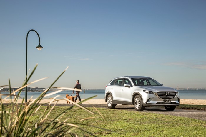 Silver Mazda CX-9 with person and dog on beach path