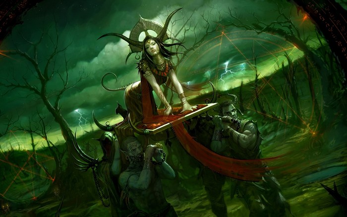 Demonic Queen on a Throne Carried by Ghouls