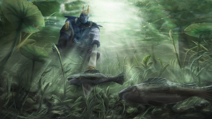 Warrior in underwater world with fish and plants