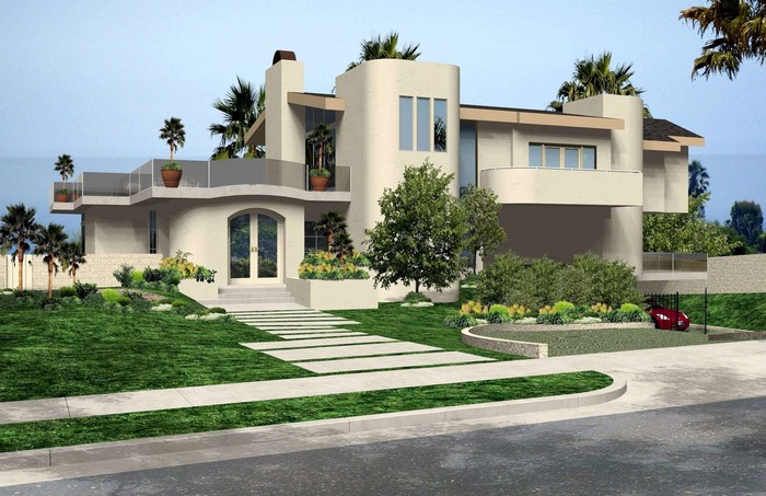 Modern mansion with landscaping in Malibu, California